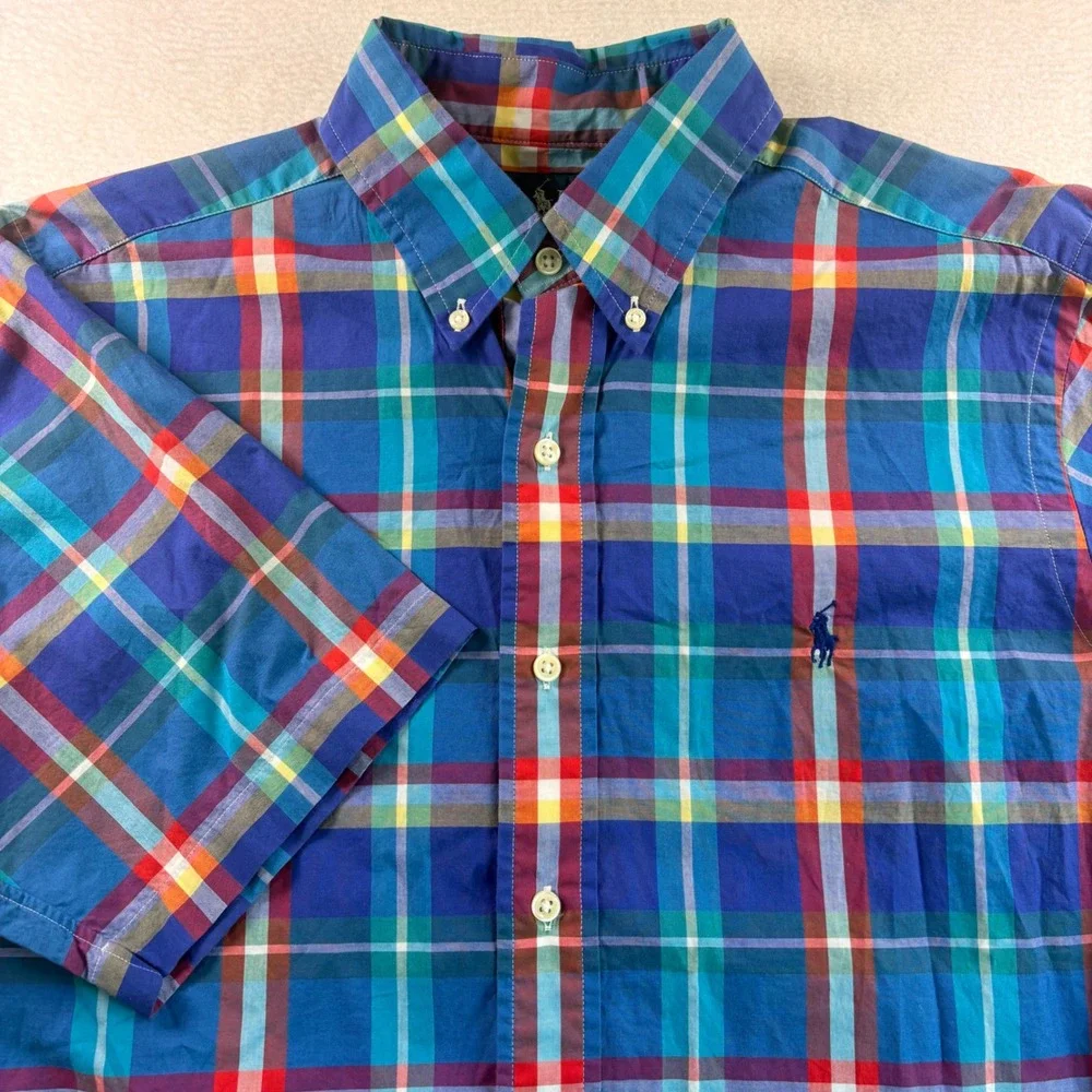 Polo Ralph Lauren Mens Classic Fit Plaid Short Sleeve Button Down Shirt Blue M